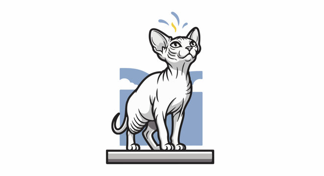 A white sphinx cat stands proudly on a pedestal under a blue sky