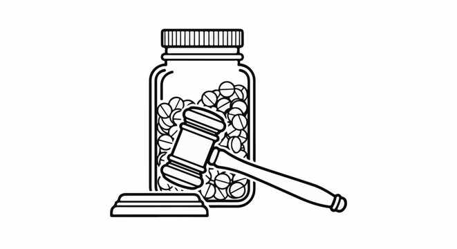 Auction gavel and bottle of pills, symbolizing legal or medical decisions