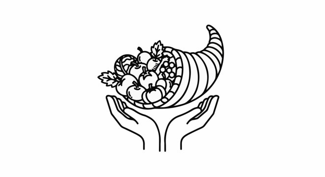 Hands supporting a horn of plenty filled with fruits and leaves