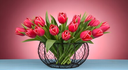 Fototapeta premium Beautiful Bouquet of Fresh Pink Tulips in a Black Wire Basket on Blue Surface Against a Gradient Pink Background - Spring Floral Concept for Mother's Day, Easter, or Romantic Occasions
