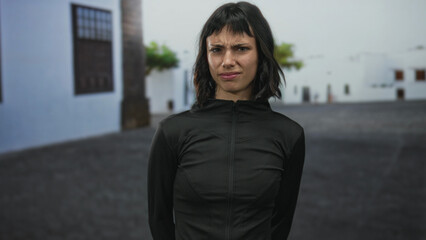 Fototapeta premium Young woman wearing black jacket frowns on street in front of white building under sunlight; disgust unease.