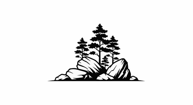 Silhouette of pine trees growing on large, angular rocks