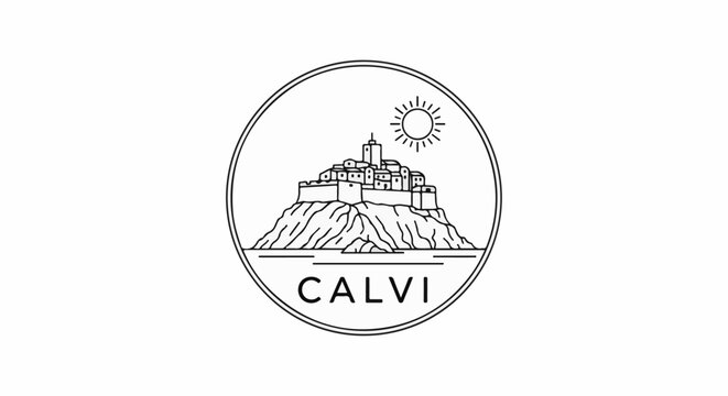 Stylized circular emblem shows a fortified town on a rocky hill under a sun