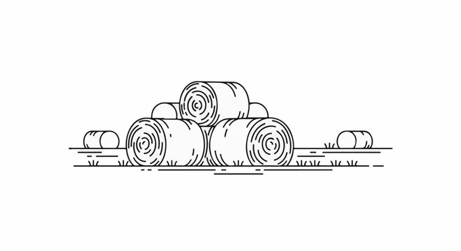 Stylized line art of round hay bales stacked in a field