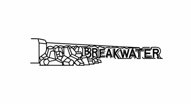 Stylized line art of a breakwater with text