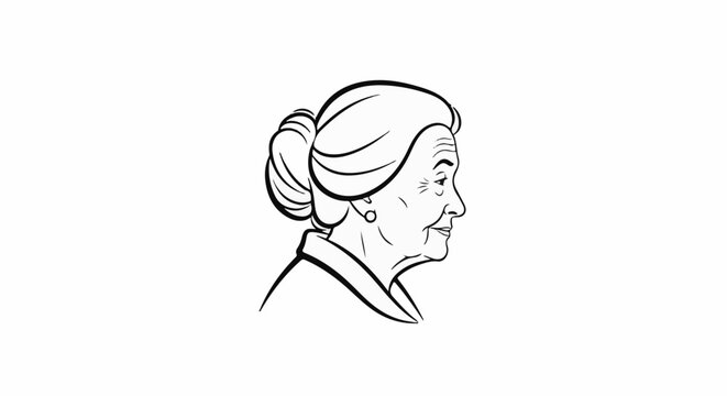 Profile sketch of an elderly woman with hair in a bun, wearing earrings