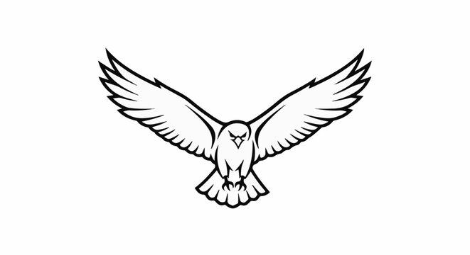 A stylized black and white drawing of a bird with wings spread wide