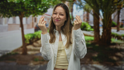 Naklejka premium Young hispanic woman snapping fingers and smiling while standing on a leafy street near trees and a parked car, wearing white shirt and beige tank; joy.