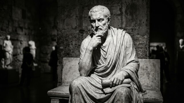 Aristotle statue contemplating wisdom in ancient museum