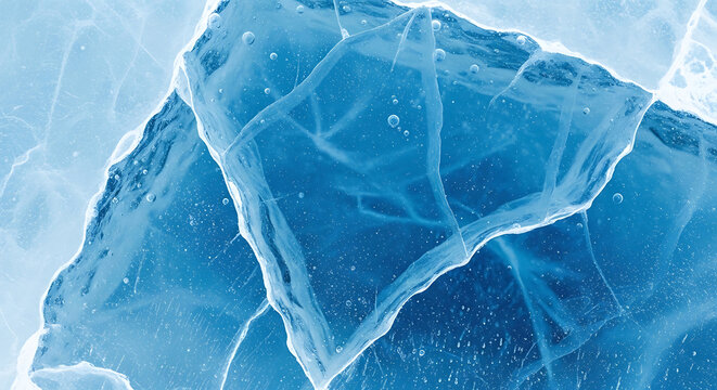 Close-up of a cracked ice surface with intricate patterns and textures.