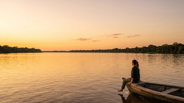 Woman sitting on the edge of a boat looking at the horizon on an Amazon river during sunset