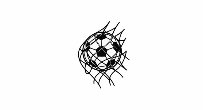 A soccer ball is caught in a net, depicted in a simple, bold outline style
