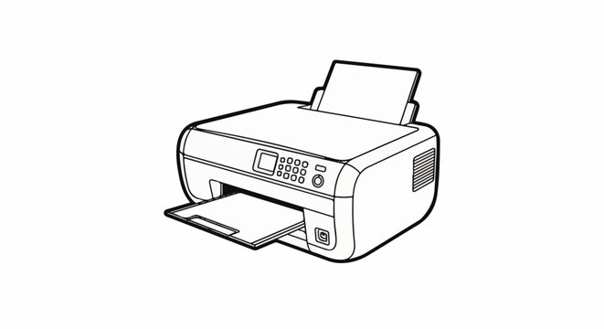 Outline illustration of a desktop printer with input tray and control panel