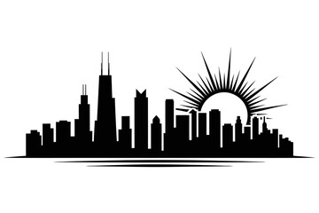 Naklejka premium Chicago city skyline with sun silhouette vector graphic illustration urban landscape