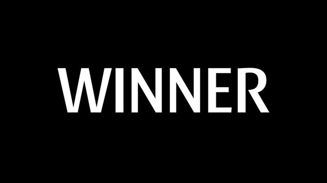 Winner. Motion graphic animation of bold white text on a black background. Minimalistic design of the word's appearance.