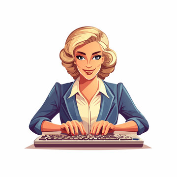 Personnage r&eacute;tro kitsch tapant au clavier &ndash; Illustration cartoon vintage, femme blonde