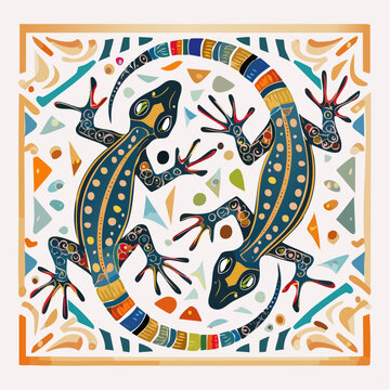 Deux geckos stylis&eacute;s en motif circulaire &ndash; Illustration d&eacute;corative color&eacute;e