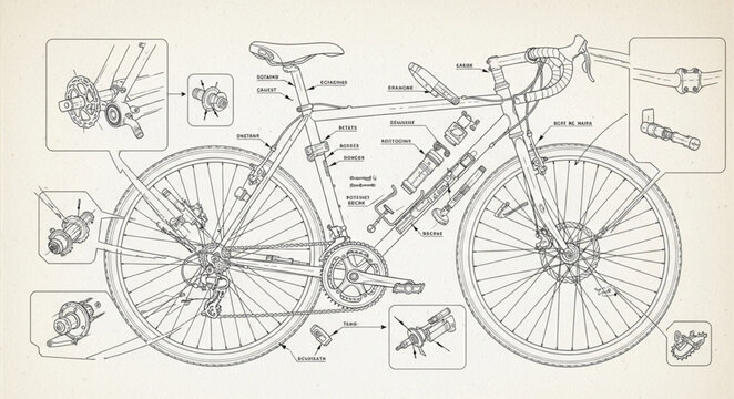 Detailed technical drawing of a vintage bicycle with callouts.