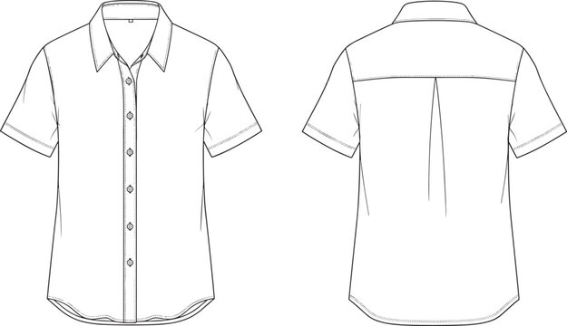 Men short sleeve shirt technical fashion illustration front and back view, button up collared casual wear, clean line art design