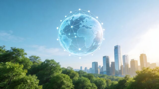 Digital globe over city and trees