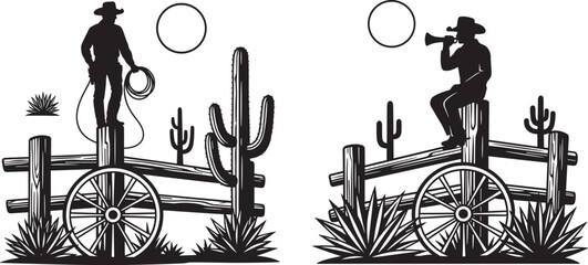 Western cowboy silhouette vector set with desert fence, cactus, wagon wheel, sun, vintage ranch scene, detailed black silhouette illustration design © MST. HACHINA KHATUN