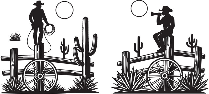 Western cowboy silhouette vector set with desert fence, cactus, wagon wheel, sun, vintage ranch scene, detailed black silhouette illustration design
