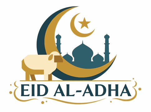 Eid al-Adha Celebration Vector with Ram, Mosque Silhouette, and Golden Crescent Moon