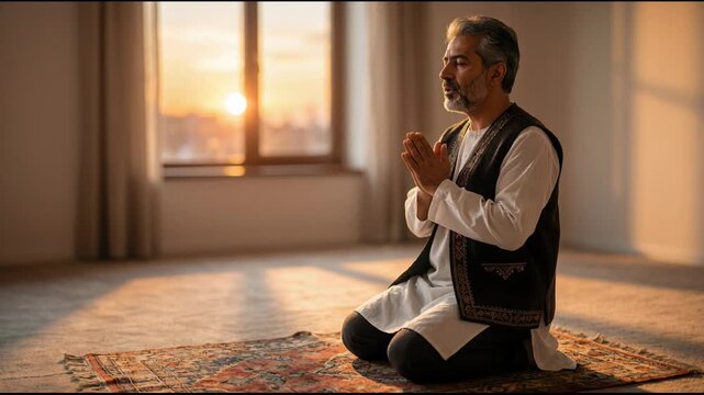 Middle eastern man kneeling on prayer rug in Iran. Devout muslim praying during sunset near window. Religious practice and spiritual meditation in traditional garb.