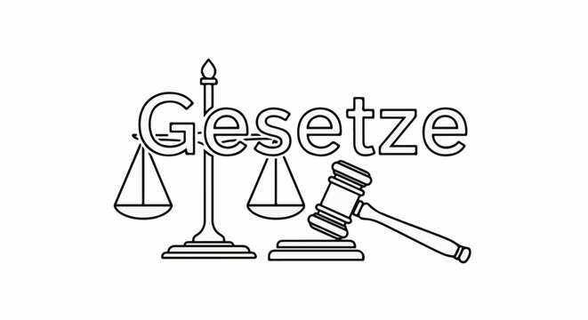 Line art of a balanced scale and gavel next to the word "Gesetze