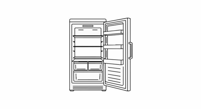 Line art of an open refrigerator with shelves and drawers