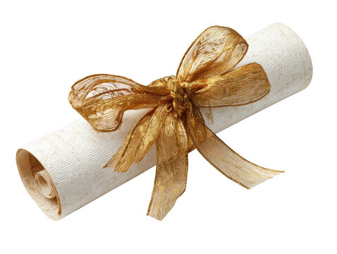 Rolled up parchment with golden ribbon tied around it isolated on transparent background