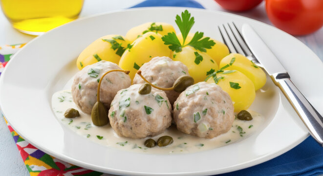 Traditional K&ouml;nigsberger Klopse&mdash;pale German meatballs in a delicate caper cream sauce&mdash;served with boiled potatoes on a white plate, an East Prussian culinary classic.