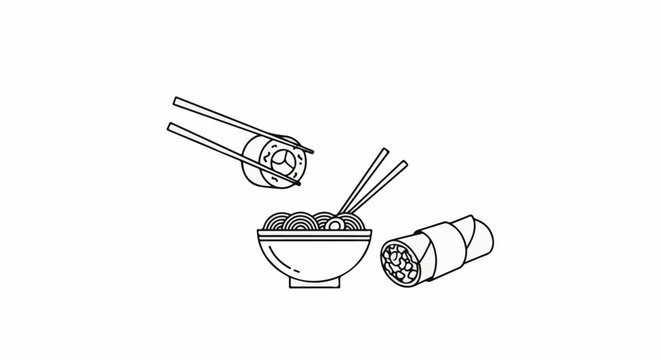 Minimalist illustration of sushi, ramen bowl, and spring roll