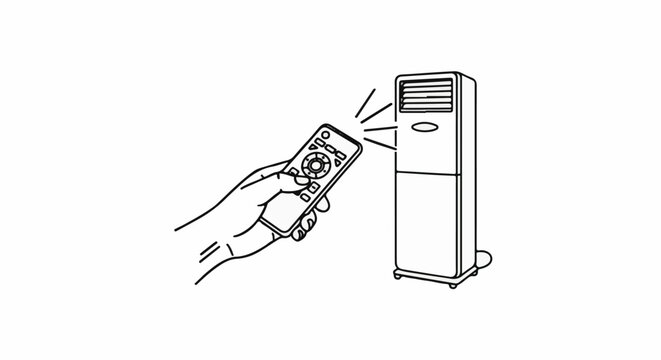 Hand holding remote control operating a tall air conditioner unit
