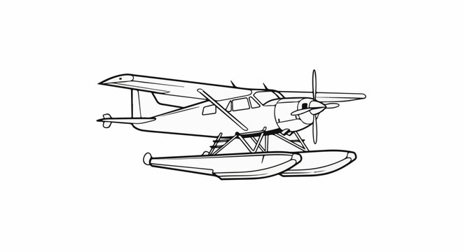 Outline illustration of a single-engine floatplane with two propellers and pontoons