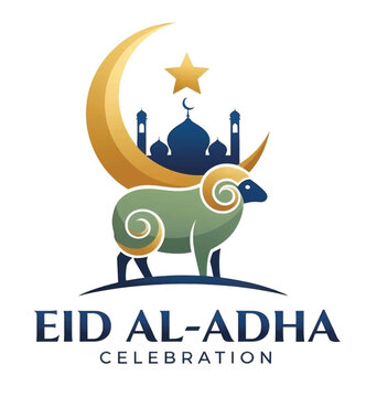 Eid al-Adha Celebration Vector with Ram, Mosque Silhouette, and Golden Crescent Moon