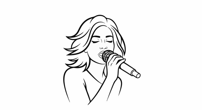 A stylized black and white outline of a female singer holding a microphone