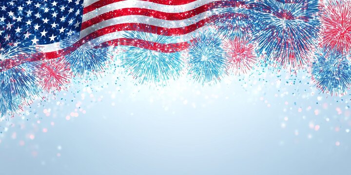 Waving US flag on top with colorful red and blue fireworks over a light blue gradient. Concept of Independence Day, national holidays, and celebration events.