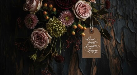 Obraz premium Dark and moody floral arrangement with tag