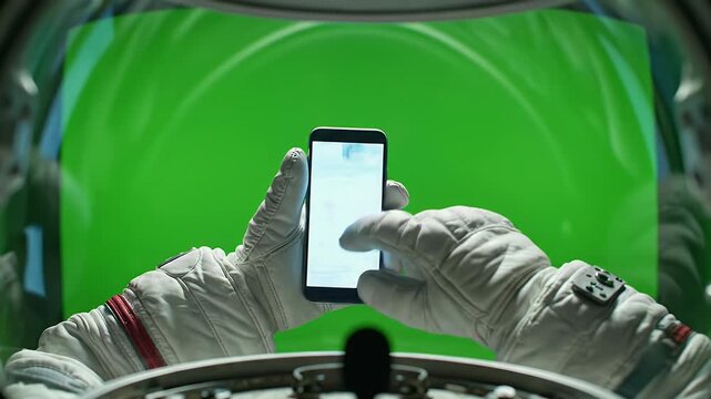 An astronaut in a spacesuit uses a smartphone while looking out at a vibrant green screen, suggesting a futuristic or simulated environment.