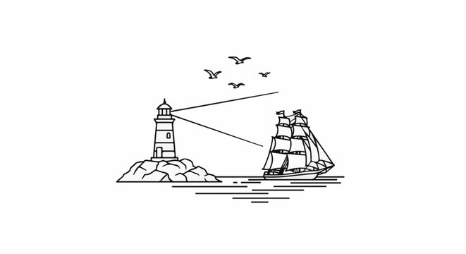 A lighthouse beam guides a tall ship sailing on the ocean waves