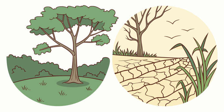 Environmental comparison illustration showing lush nature versus dry cracked land with nature loss earth science environmental issue climate crisis landscape design nature protection earth day