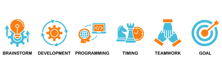 Hackathon icon set Aqua Orange Flat concept for design sprint-like social coding event with icon of brainstorm, development, programming, timing, speed, teamwork, and goal © Roronoa15