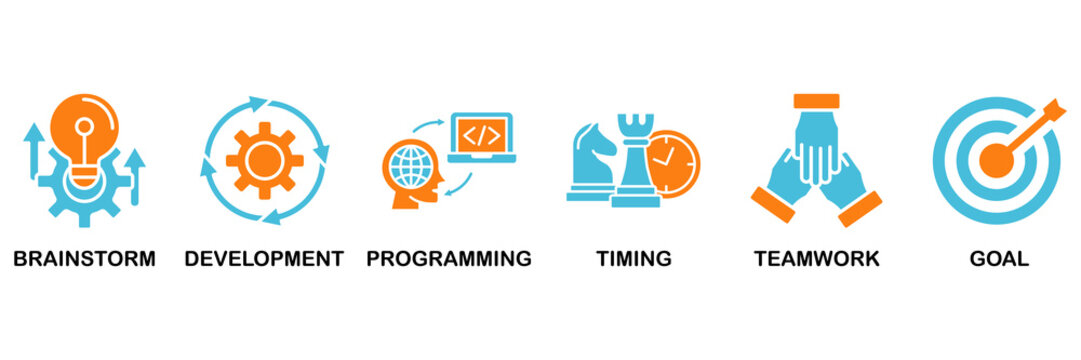 Hackathon icon set Aqua Orange Flat concept for design sprint-like social coding event with icon of brainstorm, development, programming, timing, speed, teamwork, and goal