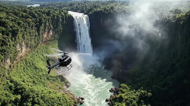 A helicopter flies past the majestic Victoria Falls, showcasing the powerful waterfall and surrounding lush green landscape.