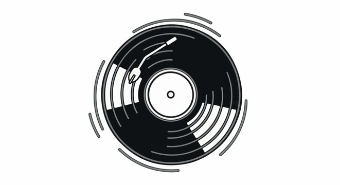 A graphic representation of a spinning vinyl record with a tone arm
