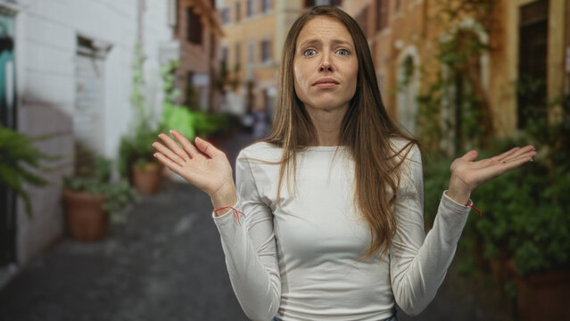 Woman hispanic with hands raised and surprised face on a narrow street lined with potted plants and old buildings; surprise confusion wonder.