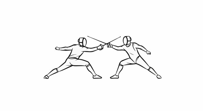 Two fencers in protective gear engaged in a duel with swords