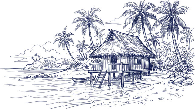 Tropical Beach Hut, Palm Trees, Ocean View, Sketch Style Vector Illustration, Idyllic Island Paradise Scene