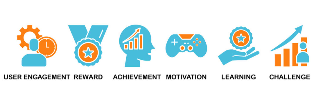 Gamification icon set Aqua Orange Flat concept for user engagement, reward, achievement, motivation, learning, and challenge